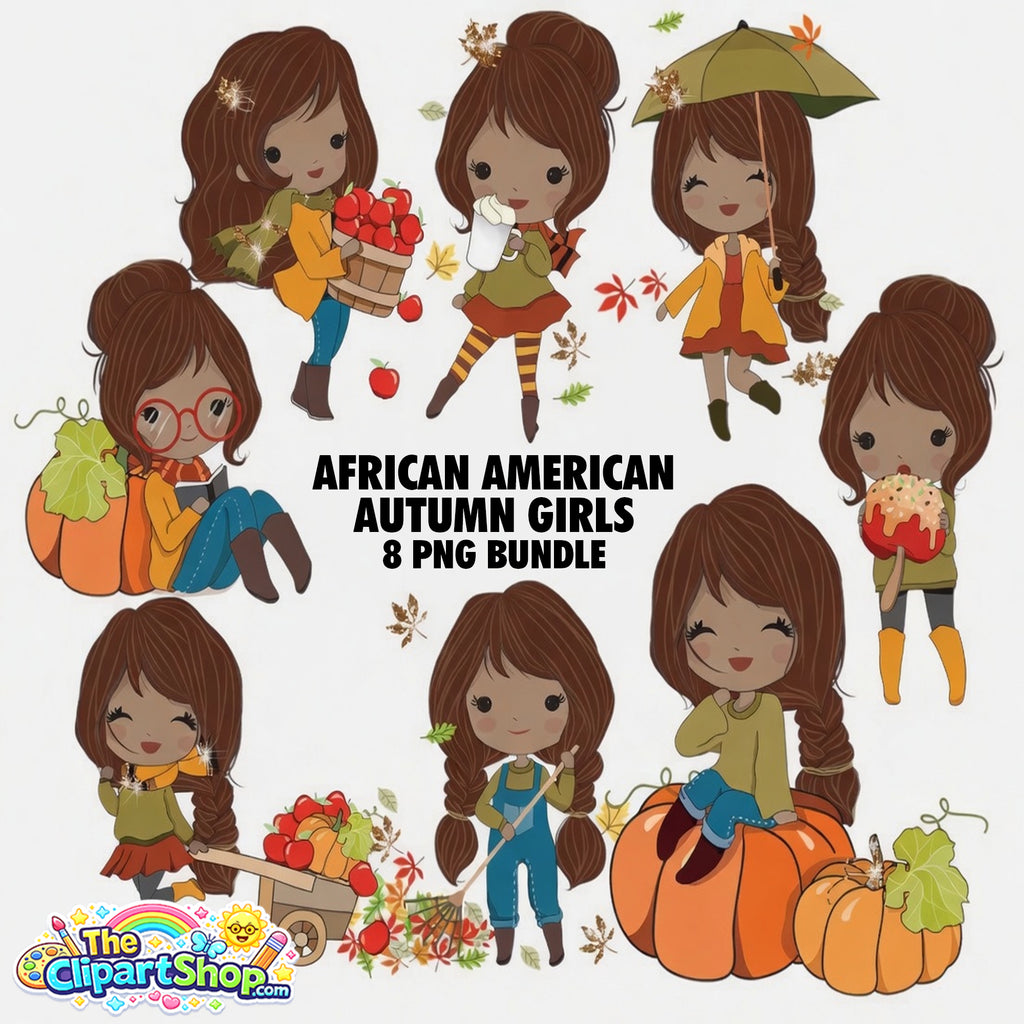 African American Autumn Girls Clipart PNG Bundles