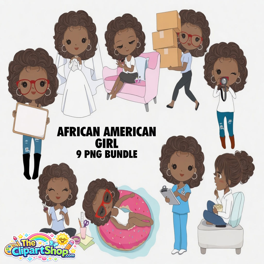 African American Girl Clipart PNG Bundle