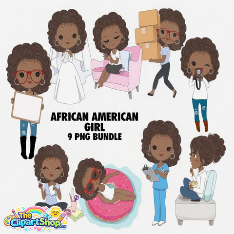 African American Girl Clipart PNG Bundle