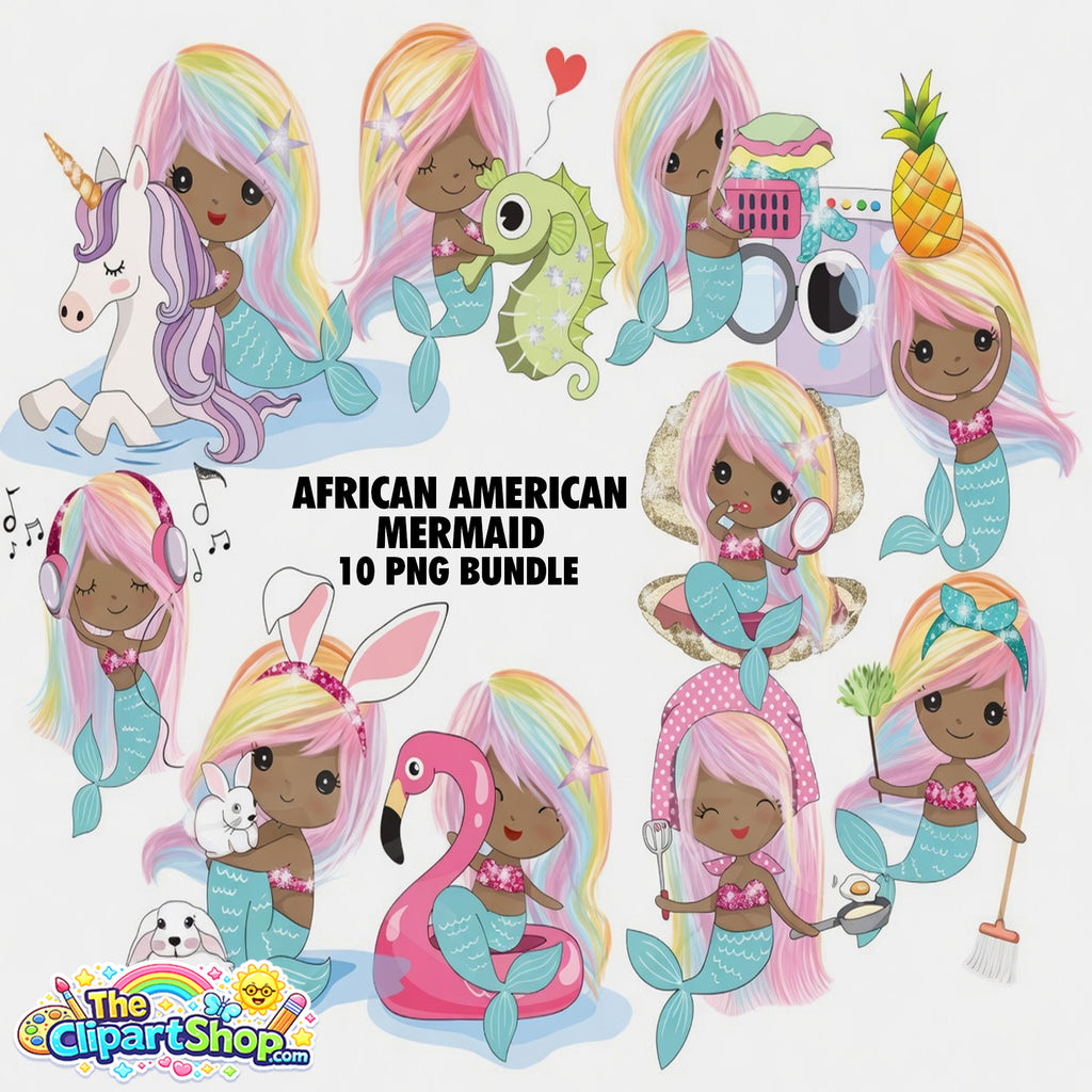 African American Mermaid Clipart PNG Bundle #2