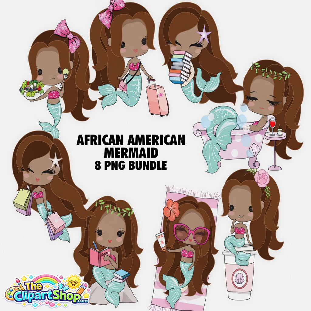 African American Mermaid Clipart PNG Bundle #3