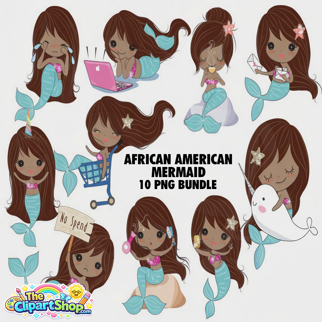 African American Mermaid Clipart PNG Bundle