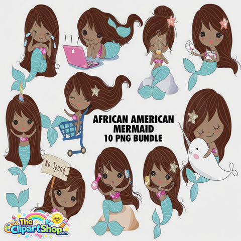 African American Mermaid Clipart PNG Bundle