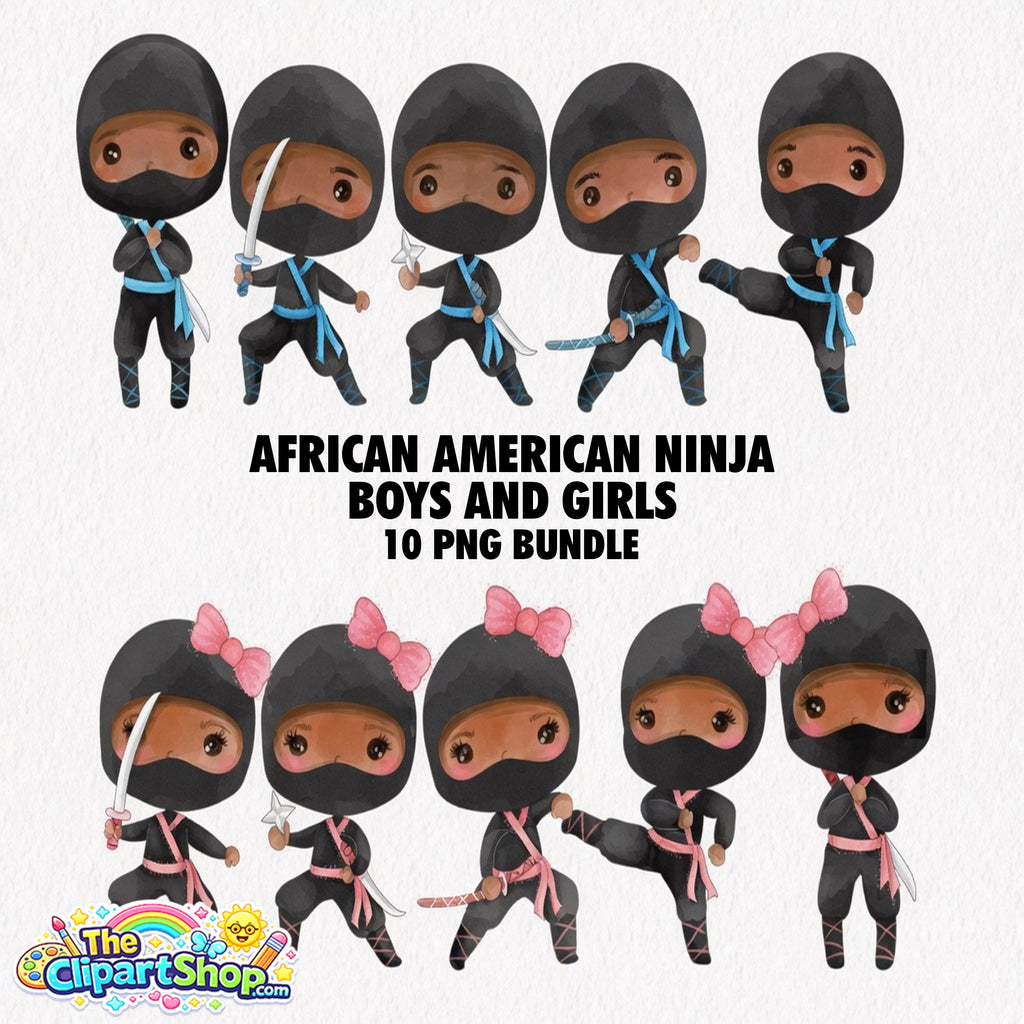 African American Ninja Boys And Girls Clipart PNG Bundle