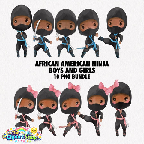 African American Ninja Boys And Girls Clipart PNG Bundle
