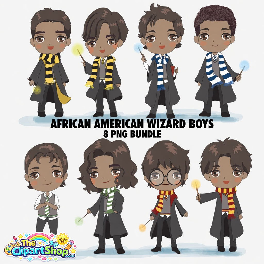 African American Wizard Boys Clipart PNG Bundle