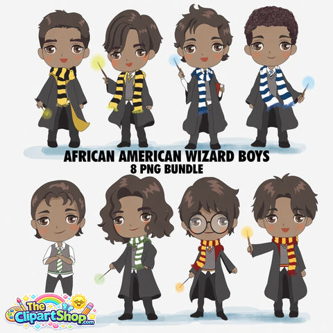 African American Wizard Boys Clipart PNG Bundle