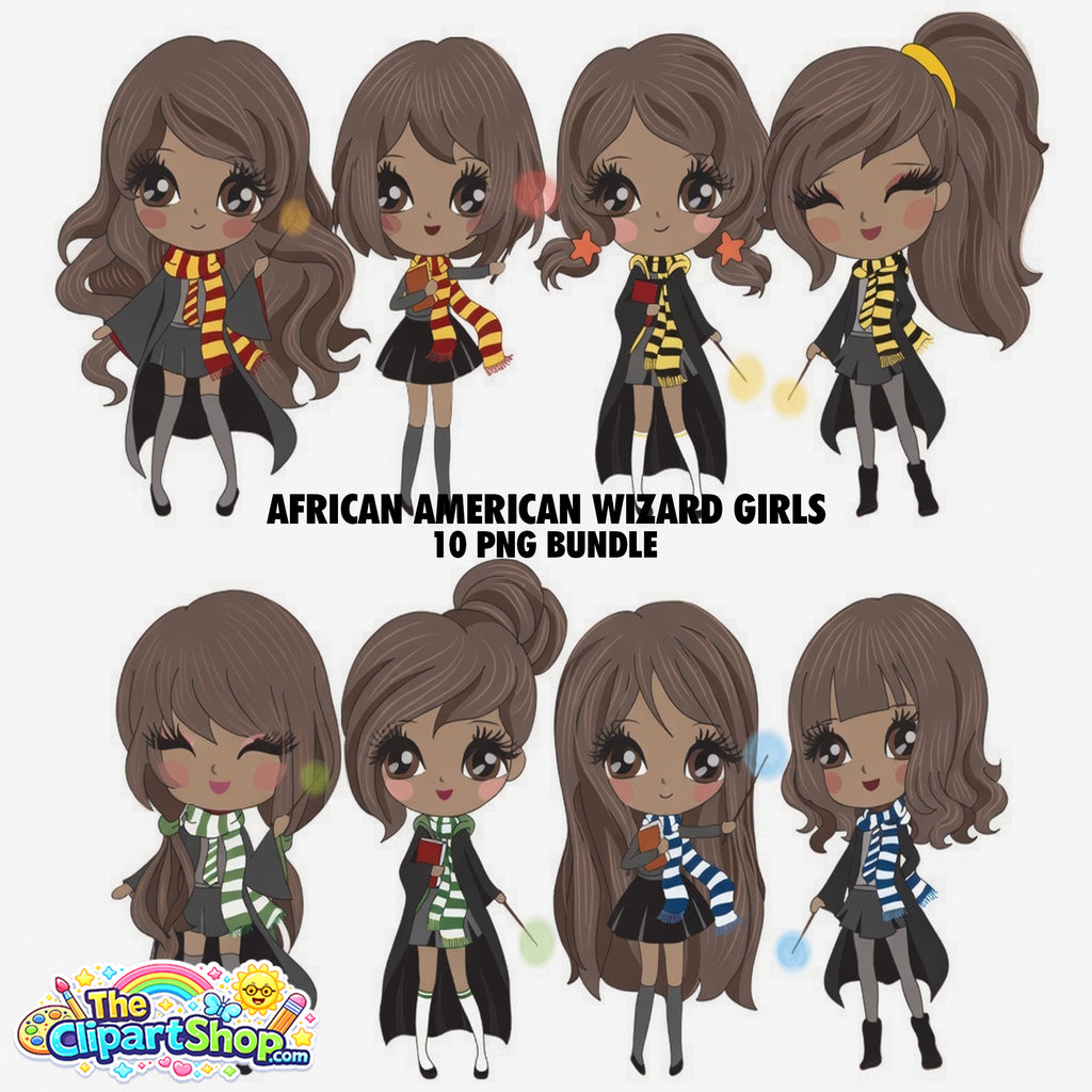 African American Wizard Girls Clipart PNG Bundle