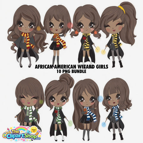 African American Wizard Girls Clipart PNG Bundle