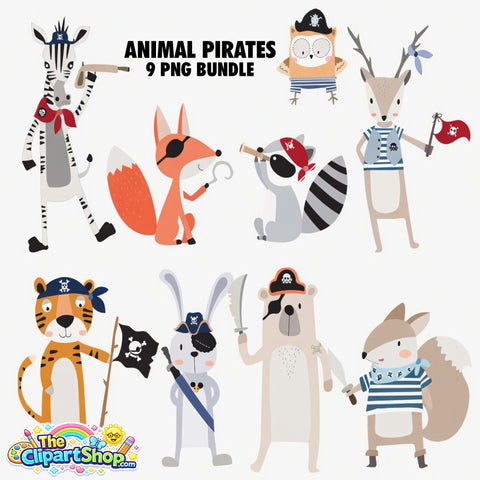 Animal Pirates Clipart PNG Bundle