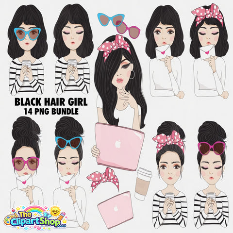 Black Hair Girl Clipart PNG Bundle #2