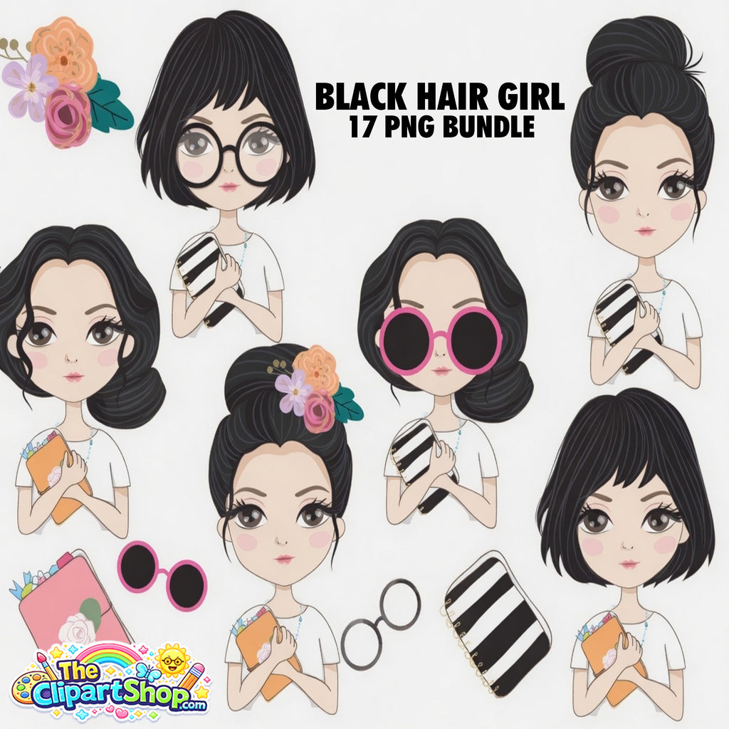 Black Hair Girl Clipart PNG Bundle