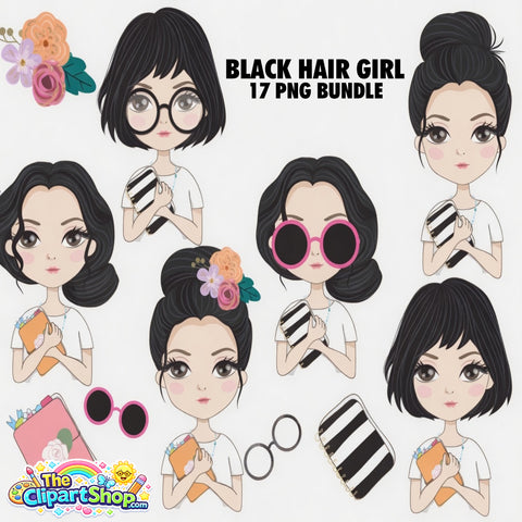 Black Hair Girl Clipart PNG Bundle