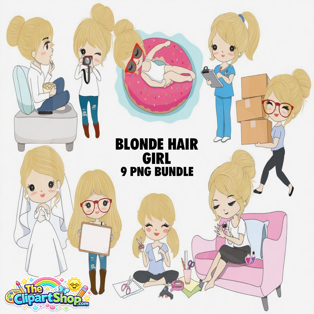 Blonde Hair Girl Clipart PNG Bundle #3