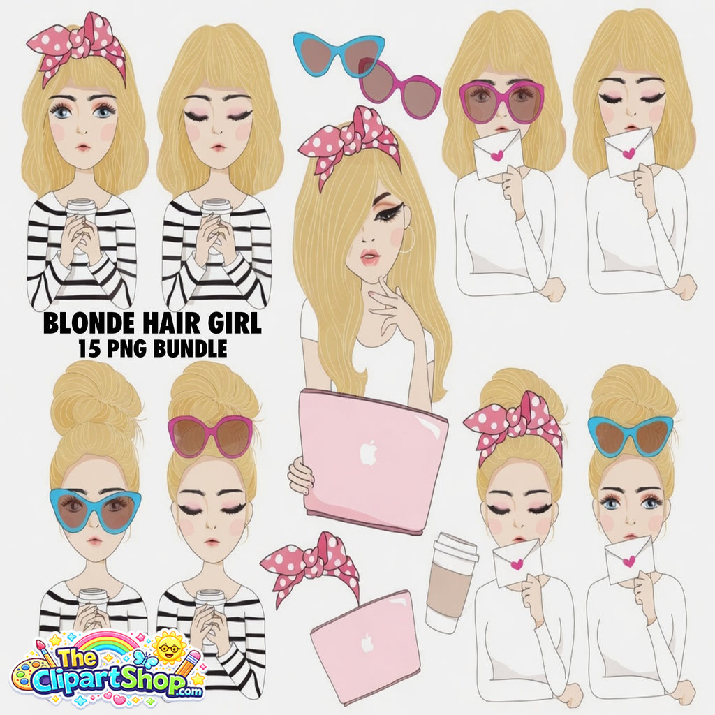 Blonde Hair Girl Clipart PNG Bundle #4