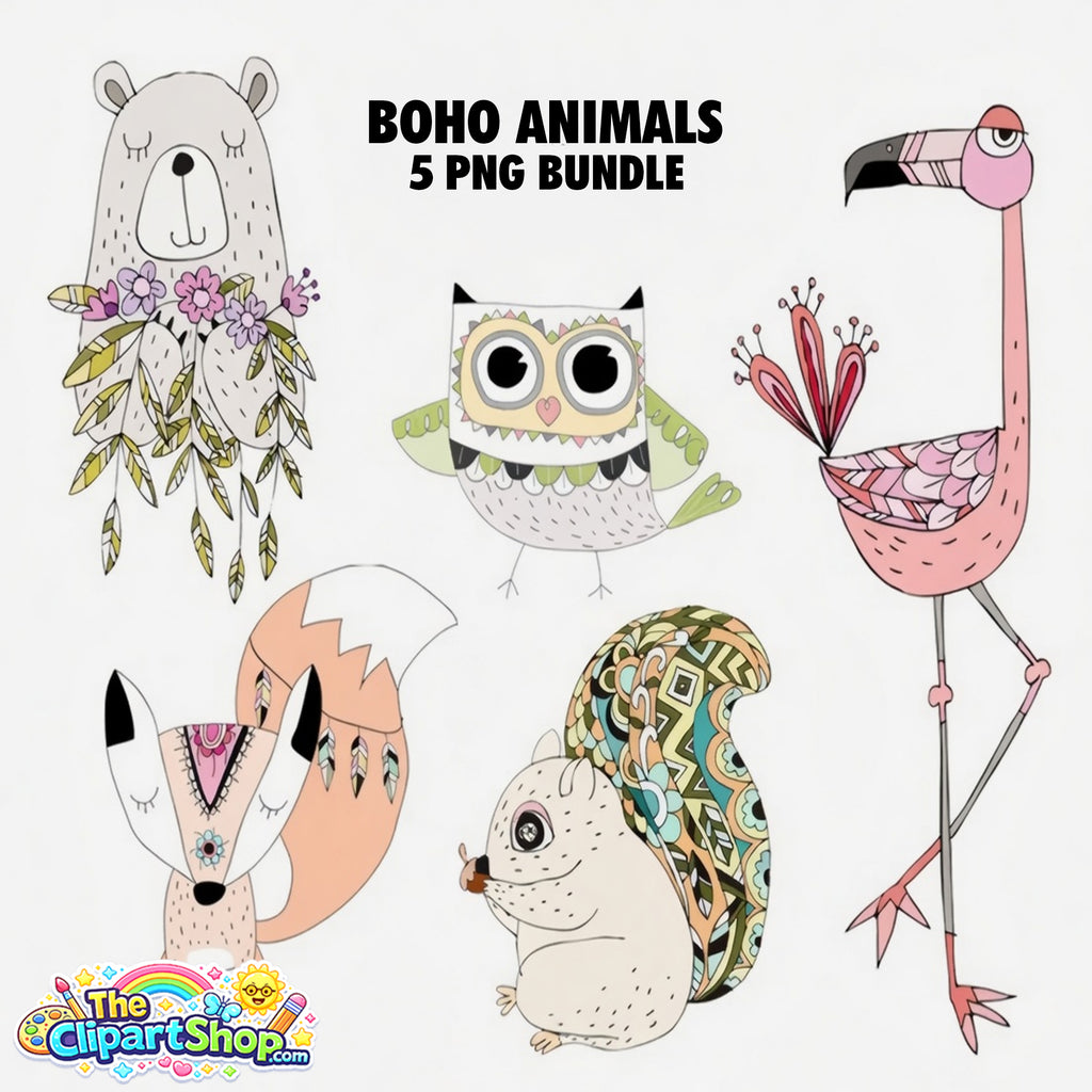 Boho Animals Clipart PNG Bundle