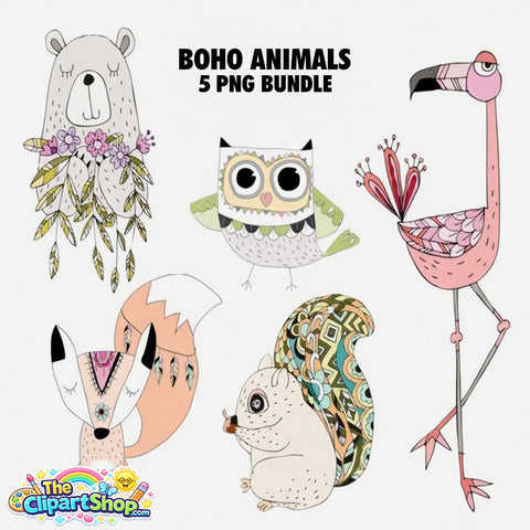 Boho Animals Clipart PNG Bundle