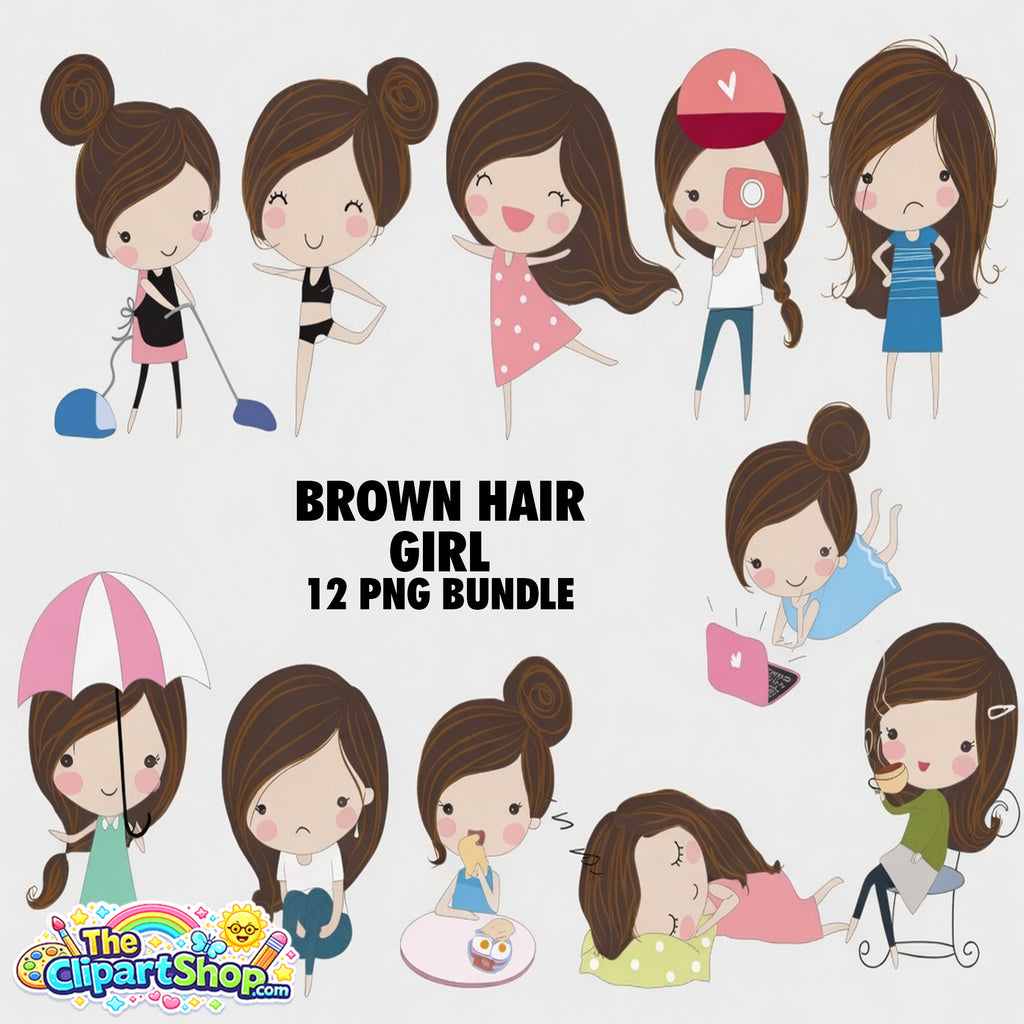 Brown Hair Girl Clipart PNG Bundle #2