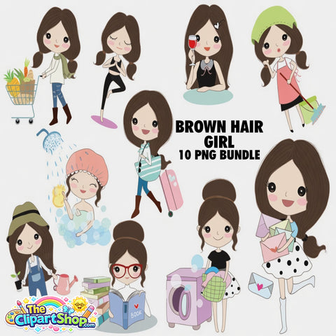 Brown Hair Girl Clipart PNG Bundle #3