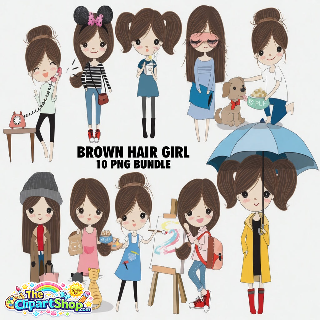Brown Hair Girl Clipart PNG Bundle #4