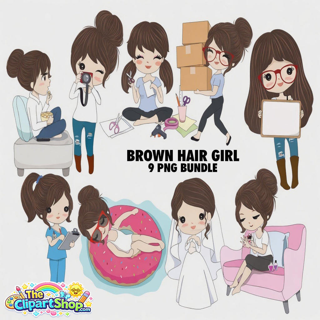 Brown Hair Girl Clipart PNG Bundle #5