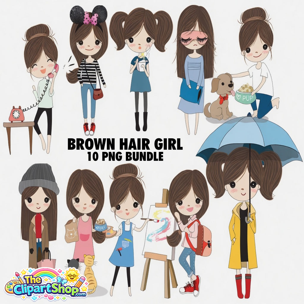Brown Hair Girl Clipart PNG Bundle #6