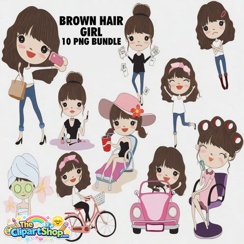 Brown Hair Girl Clipart PNG Bundle