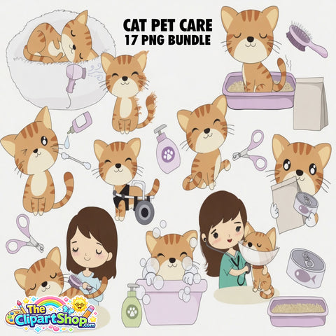 Cat Pet Care Clipart PNG Bundle