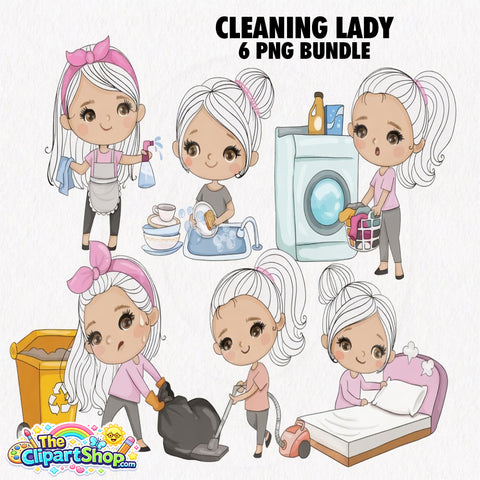 Cleaning Lady Clipart PNG Bundle