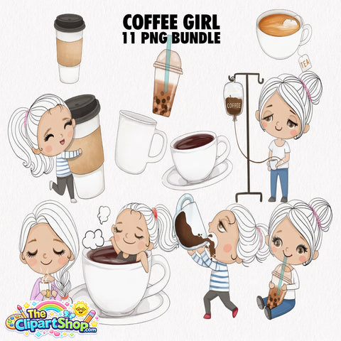 Coffee Girl Clipart PNG Bundle