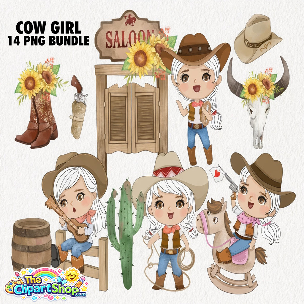 Cow Girl Clipart PNG Bundle