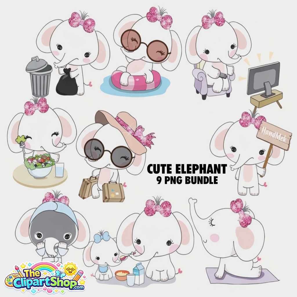 Cute Elephant Clipart PNG Bundle