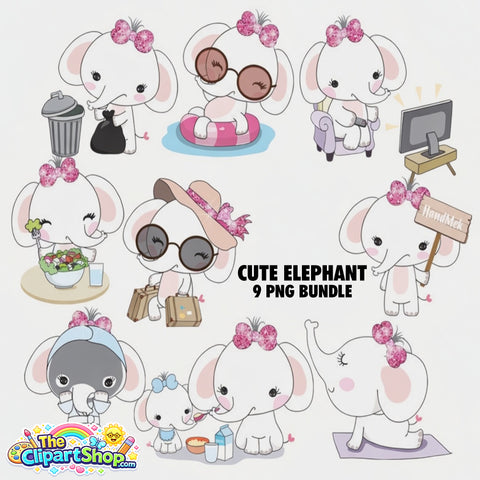 Cute Elephant Clipart PNG Bundle