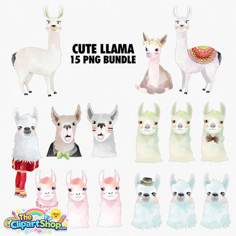 Cute Llama Clipart PNG Bundle #2