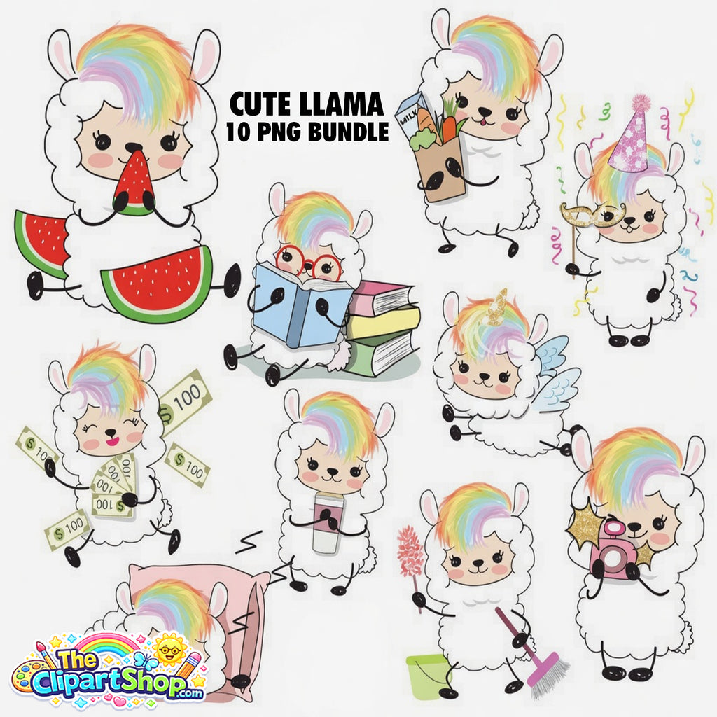 Cute Llama Clipart PNG Bundle