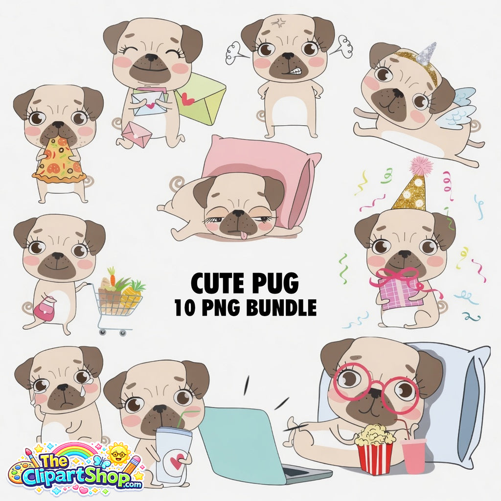 Cute Pug Clipart PNG Bundle