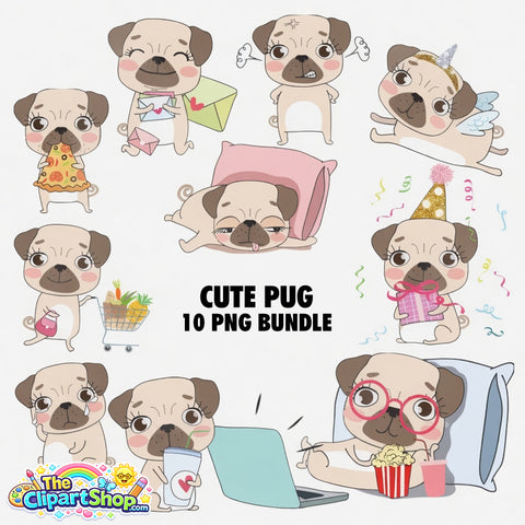 Cute Pug Clipart PNG Bundle
