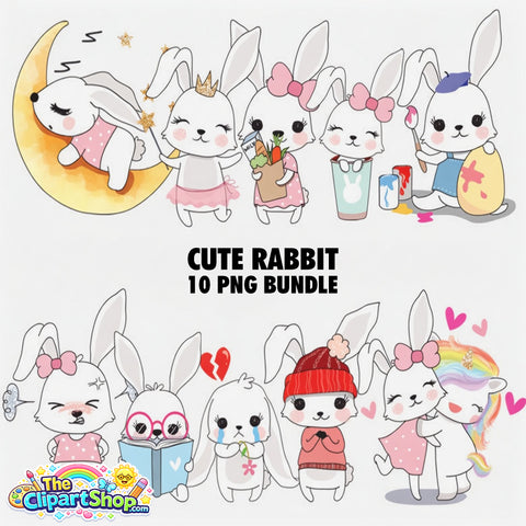 Cute Rabbit Clipart PNG Bundle
