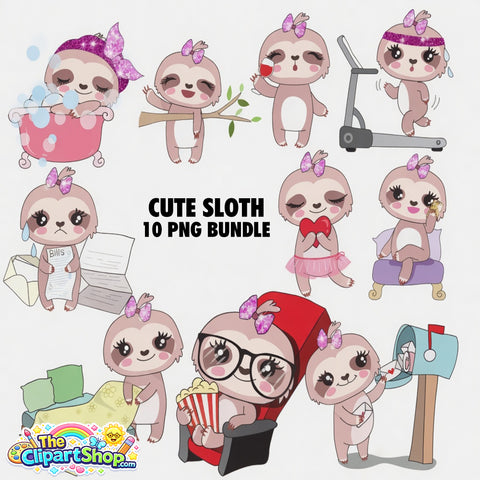 Cute Sloth Clipart PNG Bundle #2