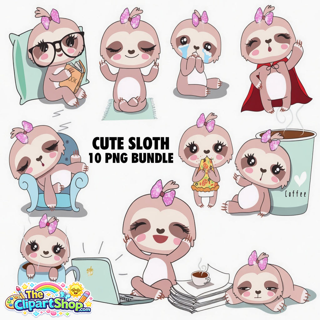 Cute Sloth Clipart PNG Bundle