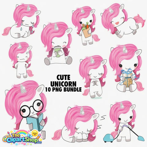 Cute Unicorn Clipart PNG Bundle #2