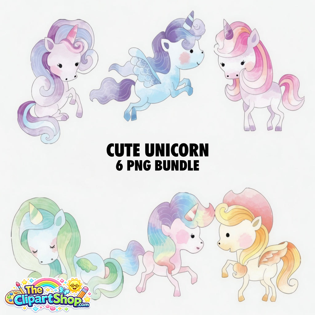 Cute Unicorn Clipart PNG Bundle