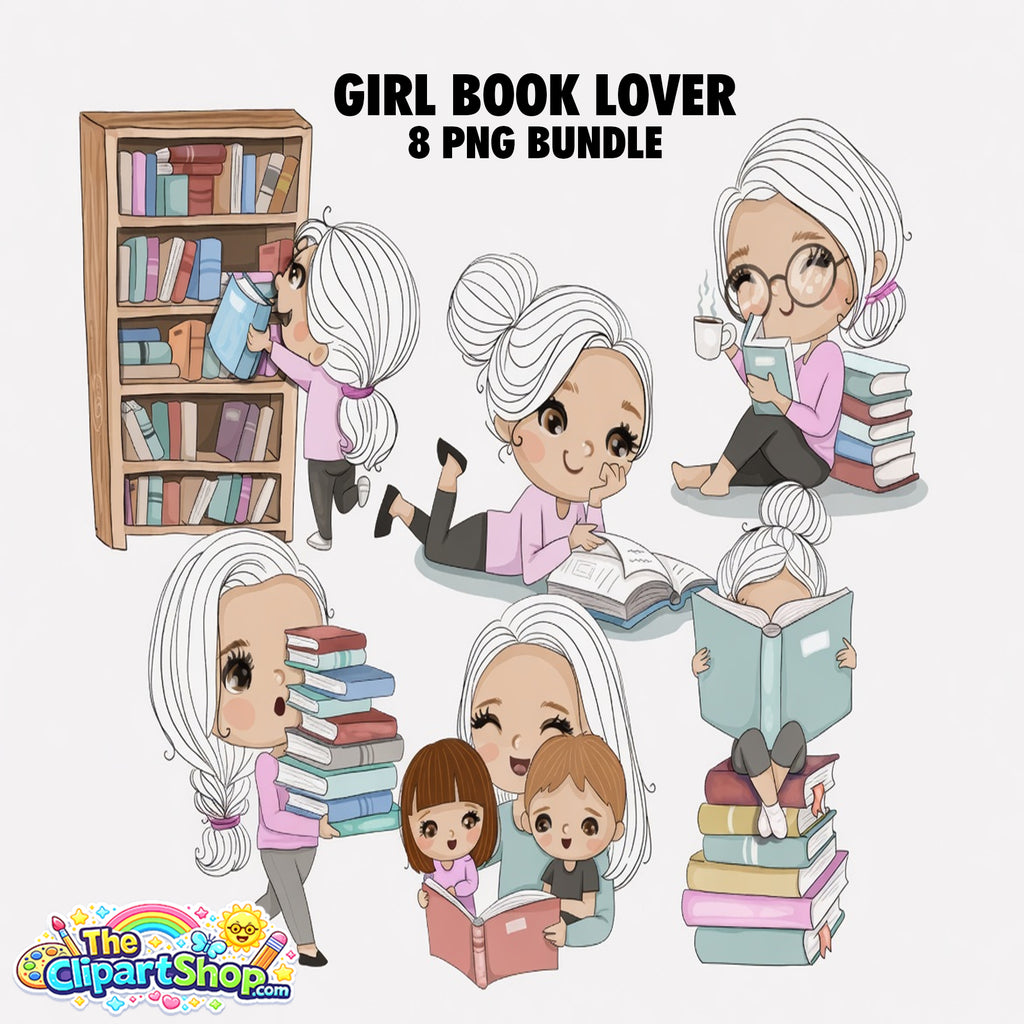 Girl Book Lover Clipart PNG Bundle