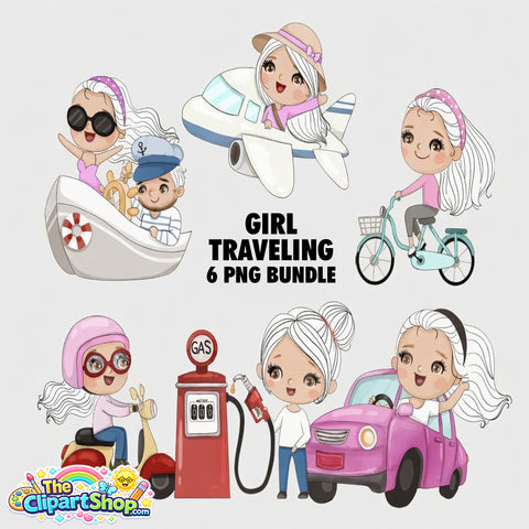 Girl Traveling Clipart PNG Bundle