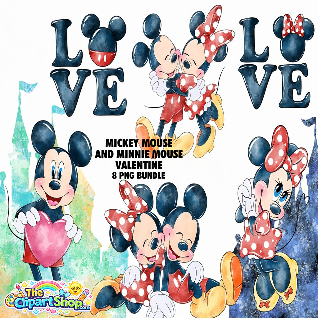 Mickey Mouse and Minnie Mouse Valentine Clipart PNG Bundle
