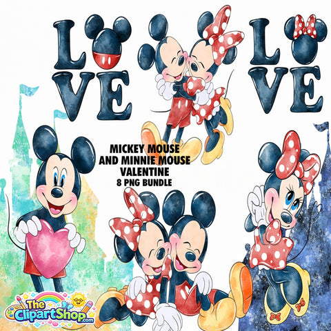 Mickey Mouse and Minnie Mouse Valentine Clipart PNG Bundle