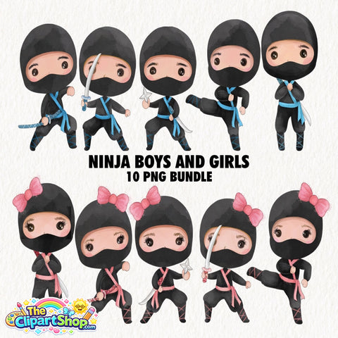 Ninja Boys And Girls Clipart PNG Bundle