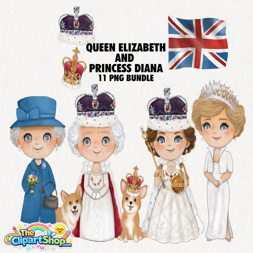 Queen Elizabeth and Princess Diana Clipart PNG Bundle