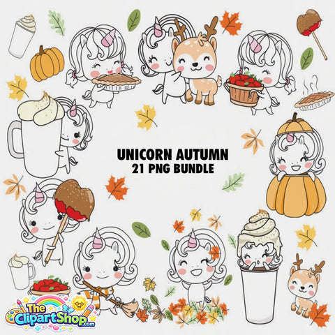 Unicorn Autumn Clipart PNG Bundle