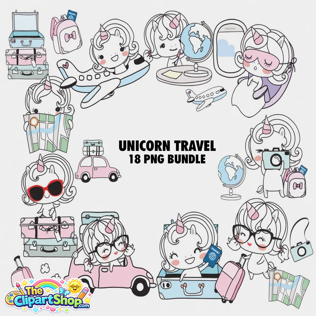 Unicorn Travel Clipart PNG Bundle